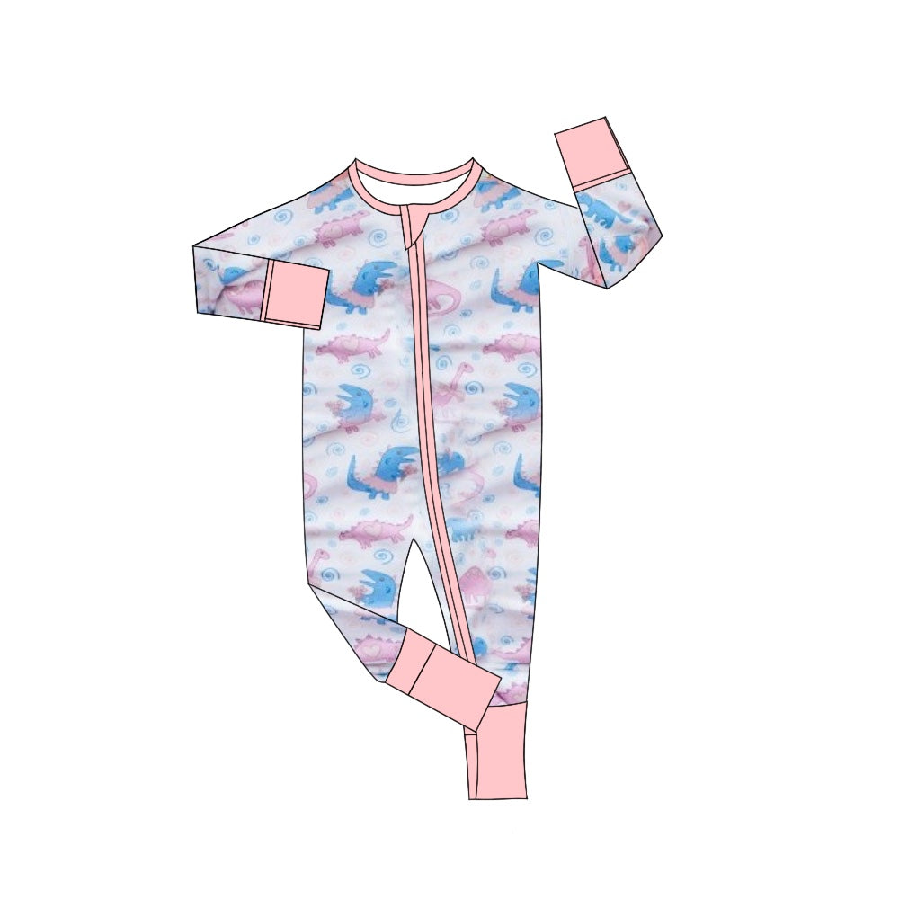 presale LR2023  Heart Dinosaur Pink and White Zipper Long Sleeve Bodysuit  2024 9.21