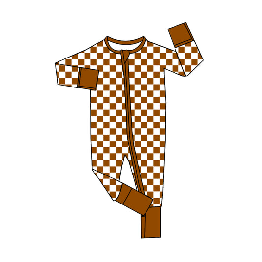 presale LR2029 Brown Plaid Zip-Up Long Sleeve Bodysuit 2024 9.21