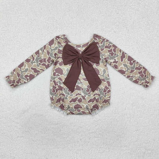 LR2034 Brown and Green Camouflage Bow Long Sleeve Bodysuit