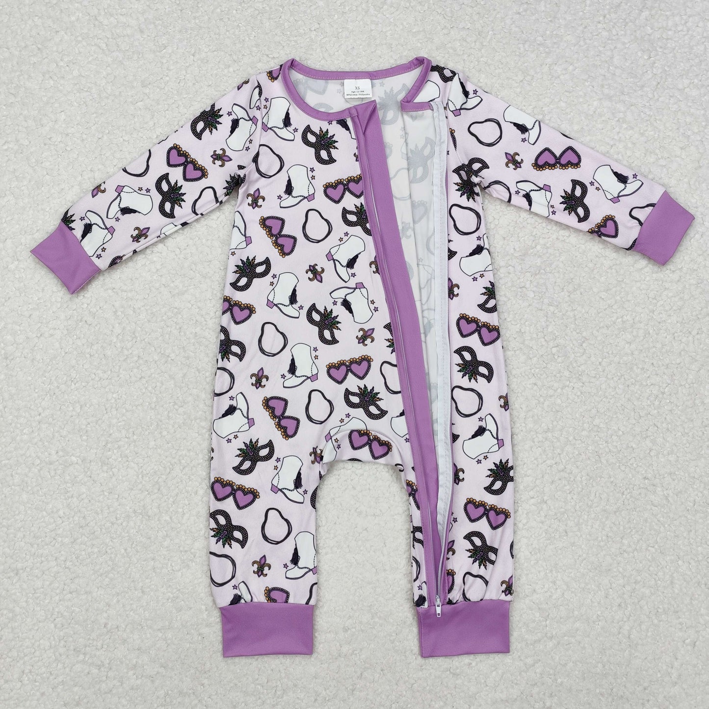 LR2038  Carnival Glasses Purple Zipper Long Sleeve Bodysuit