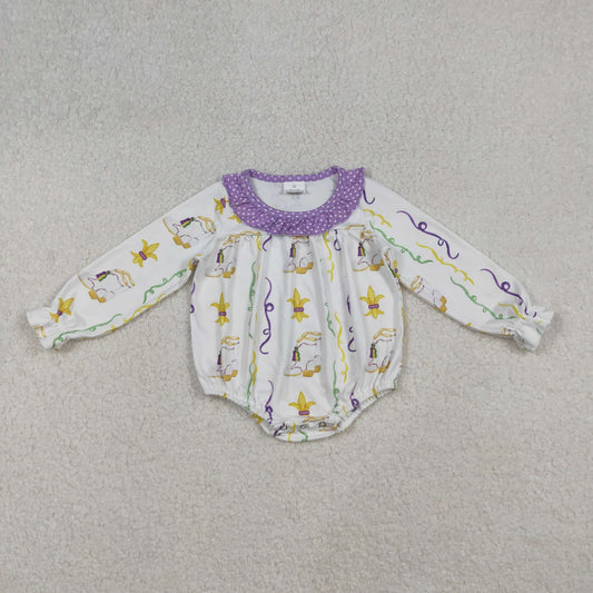 LR2042 Baby Infant Girls Mardi Gras Purple Long Sleeve Rompers D 911