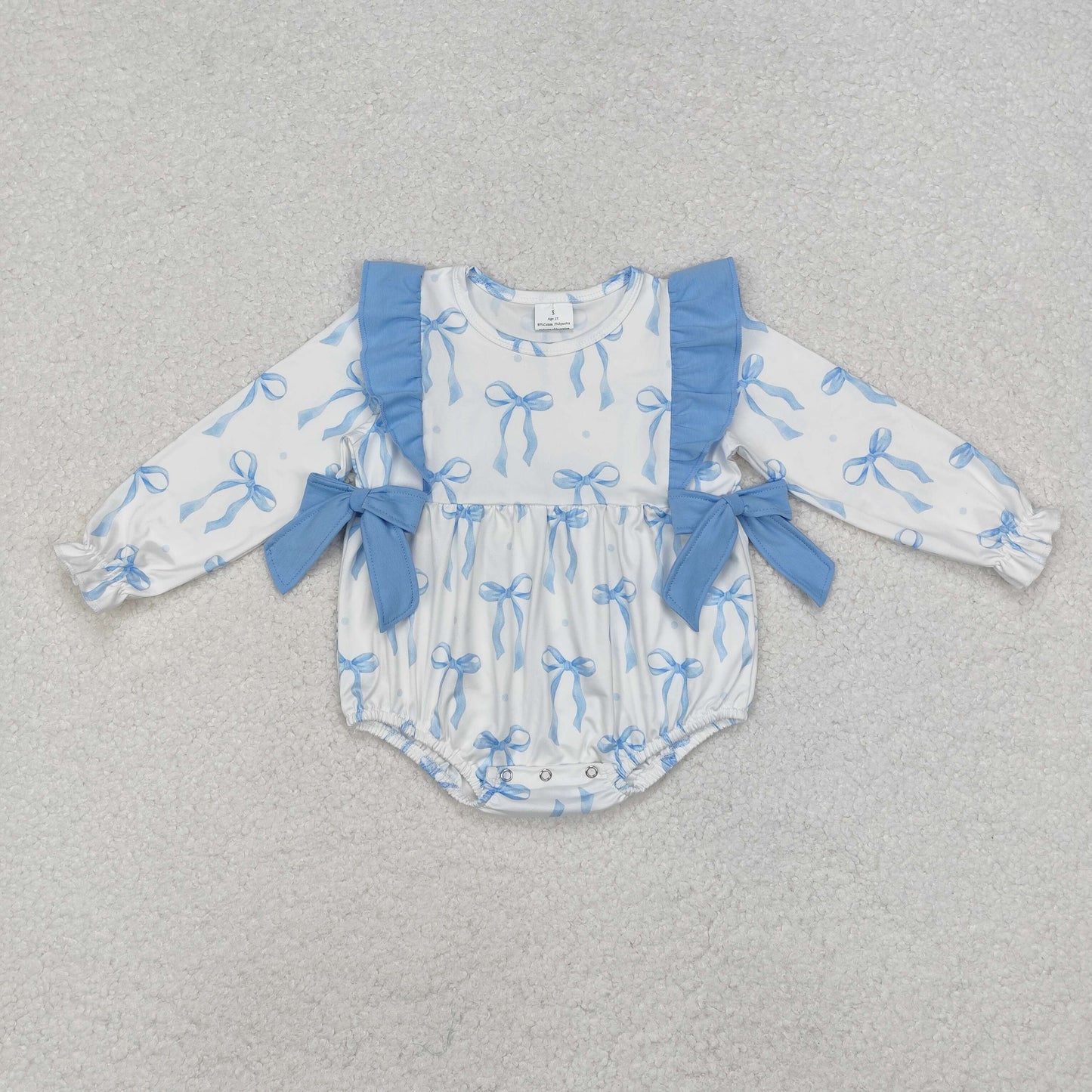LR2043  White long-sleeved bodysuit with blue lace bow