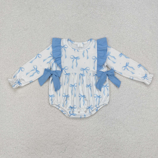 LR2043 White long-sleeved bodysuit with blue lace bow