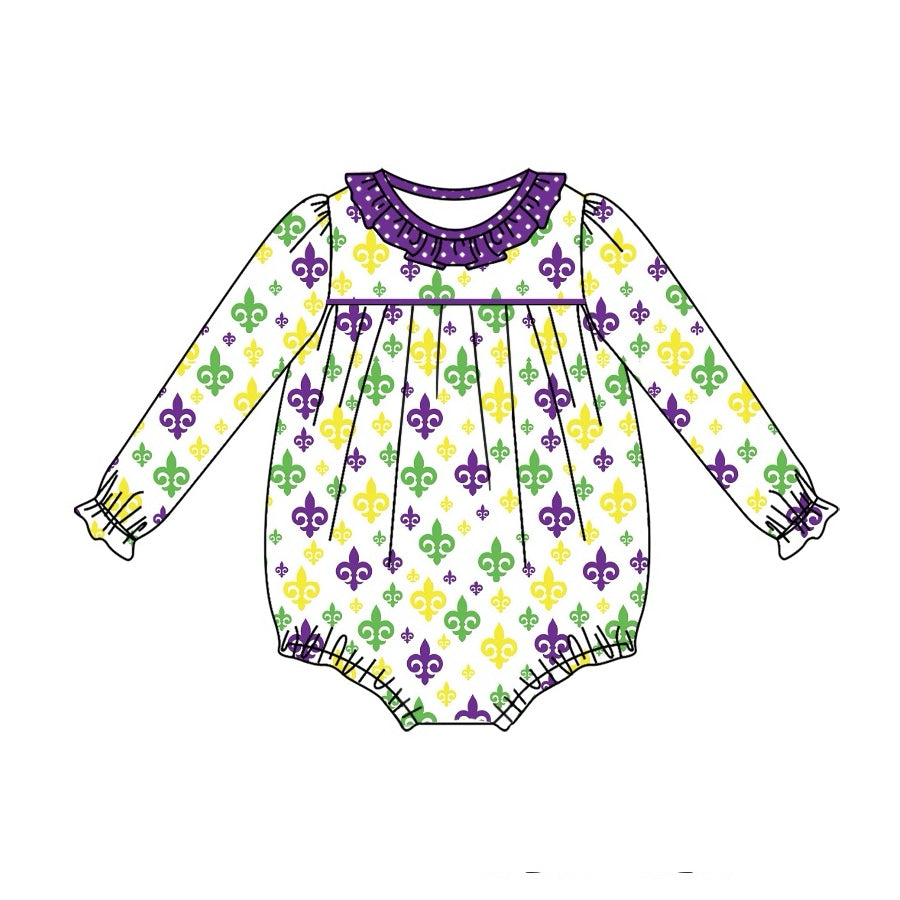 presale  LR2047 White long-sleeved bodysuit with Mardi Gras polka dots and purple lace  2024 9.25