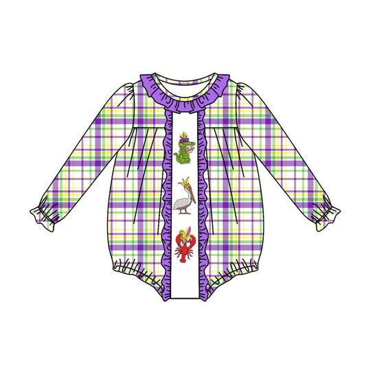 presale LR2048 Mardi Gras Alligator Bird Lobster Purple Lace Plaid Long Sleeve Bodysuit 2024 9.25
