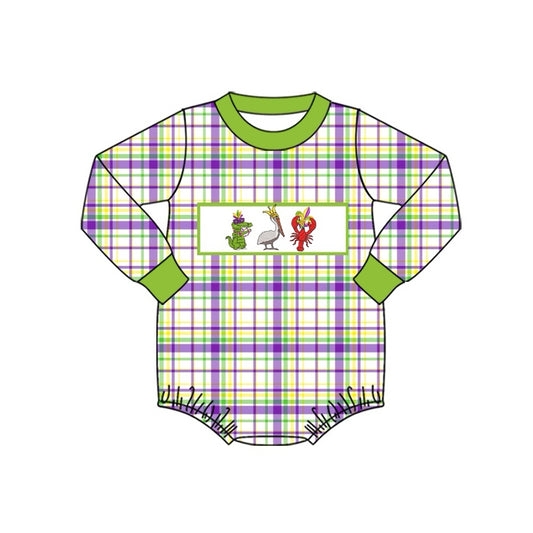 presale LR2049  Mardi Gras Alligator Bird Lobster Green Trim Plaid Long Sleeve Bodysuit  2024 9.25