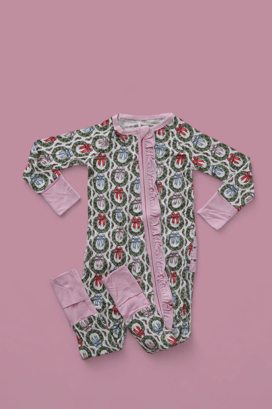 presale LR2059 Pink and white Christmas wreath bow pattern long sleeve zip-up bodysuit 2024 9.27