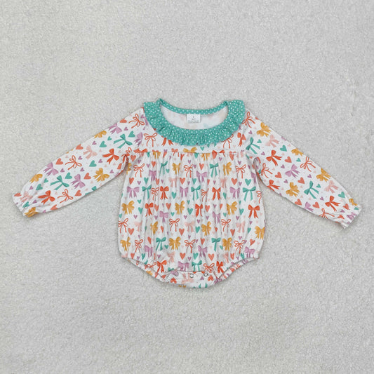 LR2066 Baby Infant Girls Colorful Long Sleeve Bows Ruffle Rompers