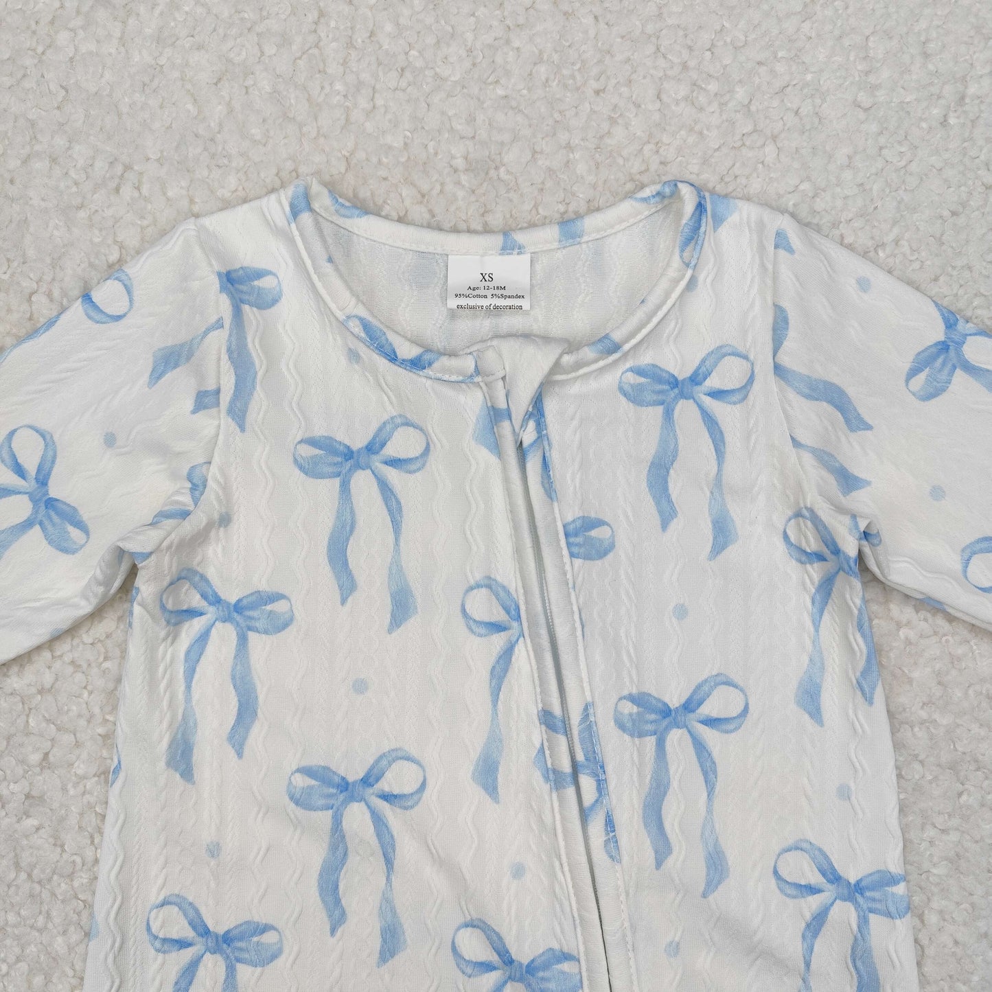 LR2070 Baby Infant Girls Blue Bows Cable Knit Zip Rompers