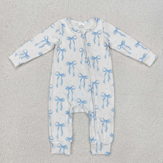 LR2070 Baby Infant Girls Blue Bows Cable Knit Zip Rompers