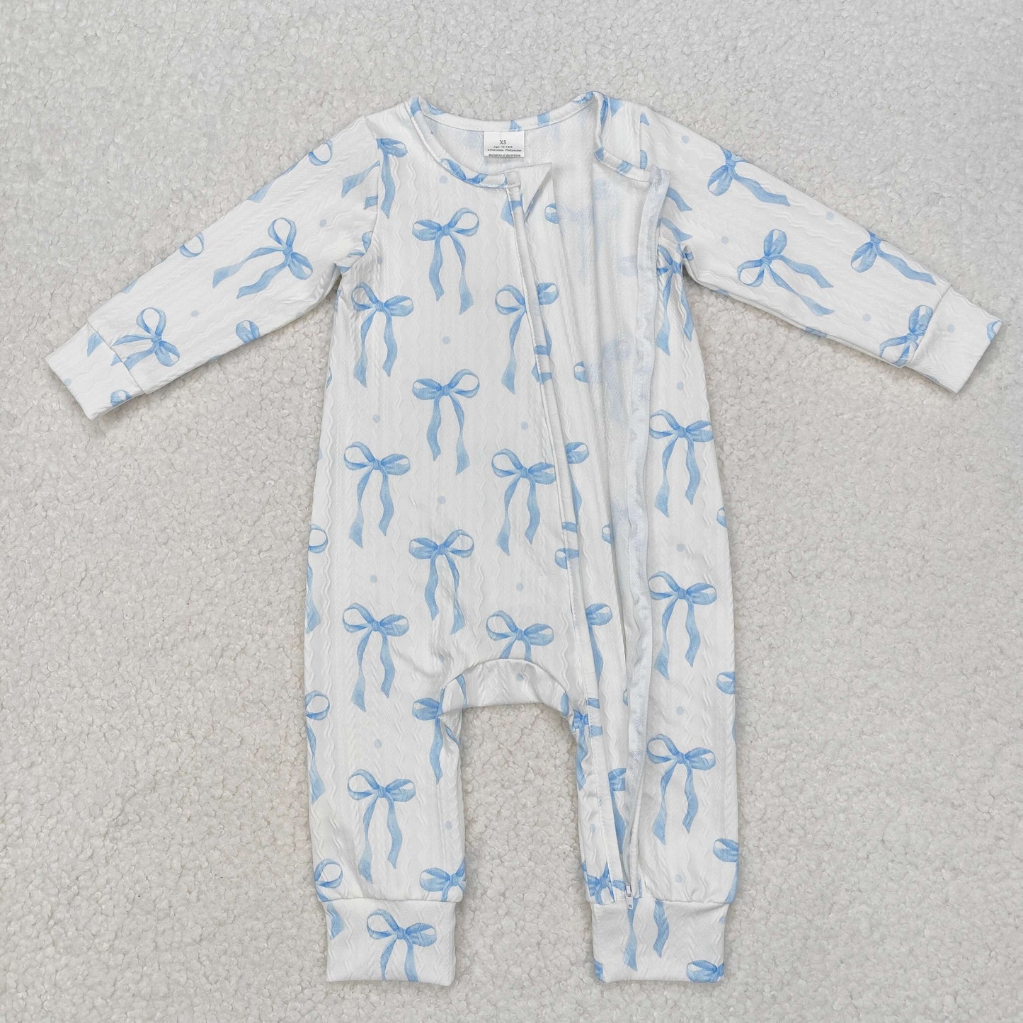 LR2070 Baby Infant Girls Blue Bows Cable Knit Zip Rompers