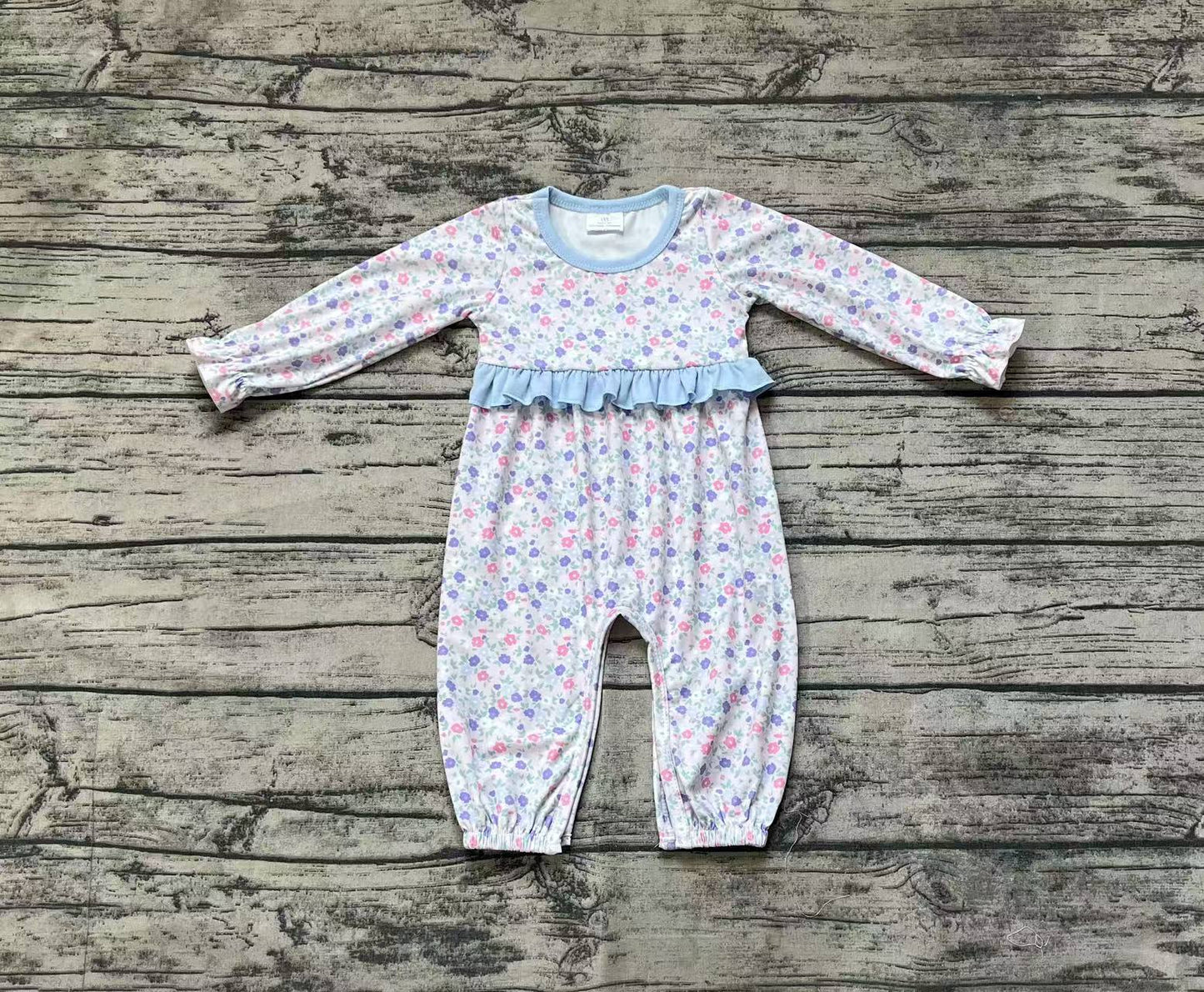LR2072  Floral Blue Lace Long Sleeve Bodysuit