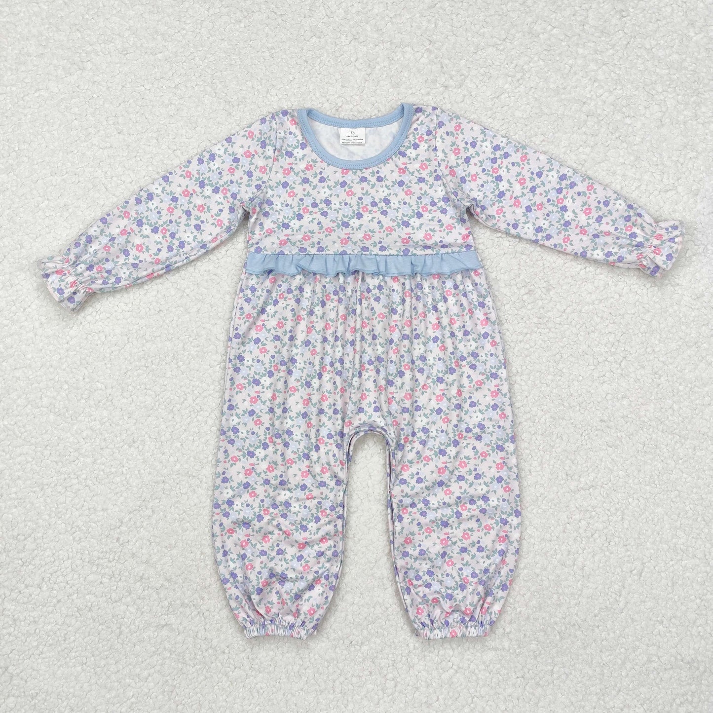 LR2072  Floral Blue Lace Long Sleeve Bodysuit