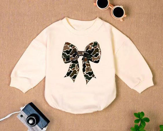 presale LR2074 Beige long-sleeved bodysuit with camouflage bow pattern 10.8
