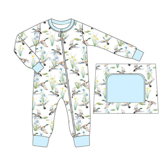 presale LR2094 Duck Floral Blue and White Zipper Long Sleeve Bodysuit 2024 10.11