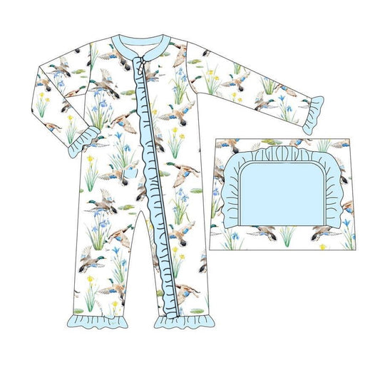 presale LR2095 Duck Floral Blue and White Lace Zipper Long Sleeve Bodysuit 2024 10.11