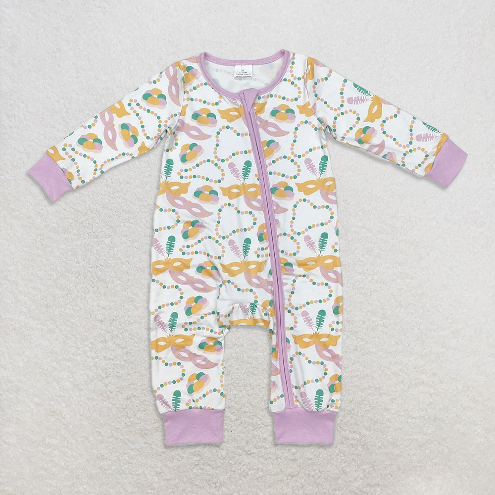 Sibling Baby Girls Mardi Gras Masks Lavender Rompers Pajamas D 1020