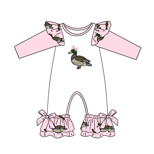 presale LR2100 Bowknot duck bottle plaid lace pink and white long-sleeved jumpsuit 2024 10.14