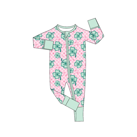 presale LR2107 Four-leaf Clover Pink Plaid Green Trim Zipper Long Sleeve Bodysuit 2024 10.14