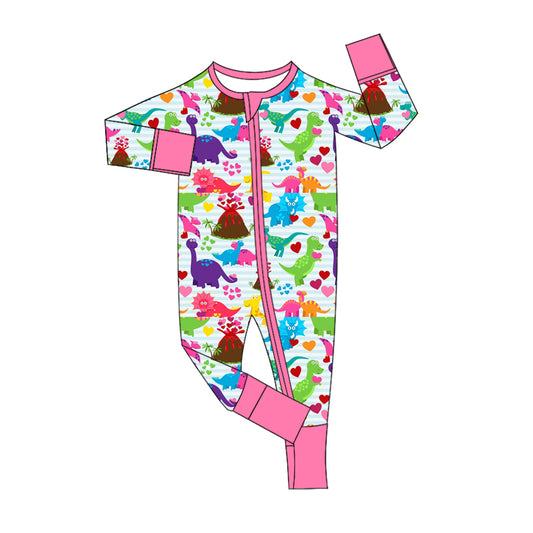 presale LR2110 Valentine's Day Heart Dinosaur Stripe Pink Zipper Long Sleeve Bodysuit 2024 10.14