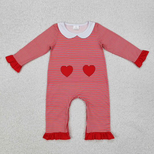LR2113 Valentine's Day Red Heart Lace Doll Collar Striped Long Sleeve Bodysuit