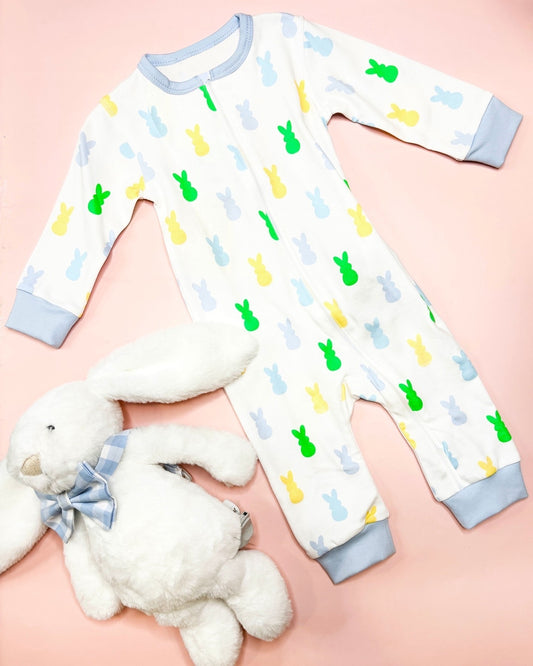 presale LR2115 Easter Colorful Bunny Blue and White Zipper Long Sleeve Onesie   2024 10.16
