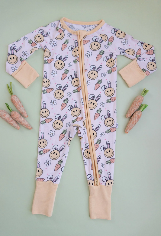 presale LR2124 Easter Bunny Smiley Face Flowers Carrot Pink Zipper Long Sleeve Bodysuit 2024 10.21