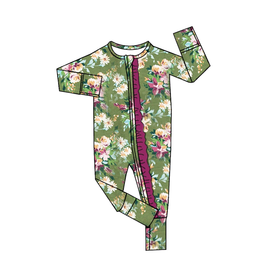 presale LR2130 Flower and Leaf Purple Lace Green Zipper Long Sleeve Bodysuit  2024 10.25