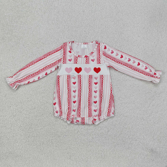 LR2134 Valentine's Day Heart Lace Stripe Pattern Pink and White Long Sleeve Bodysuit