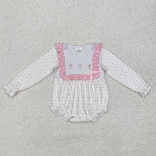 LR2136 Baby Infant Girls Pink Dots Cross Easter Rompers