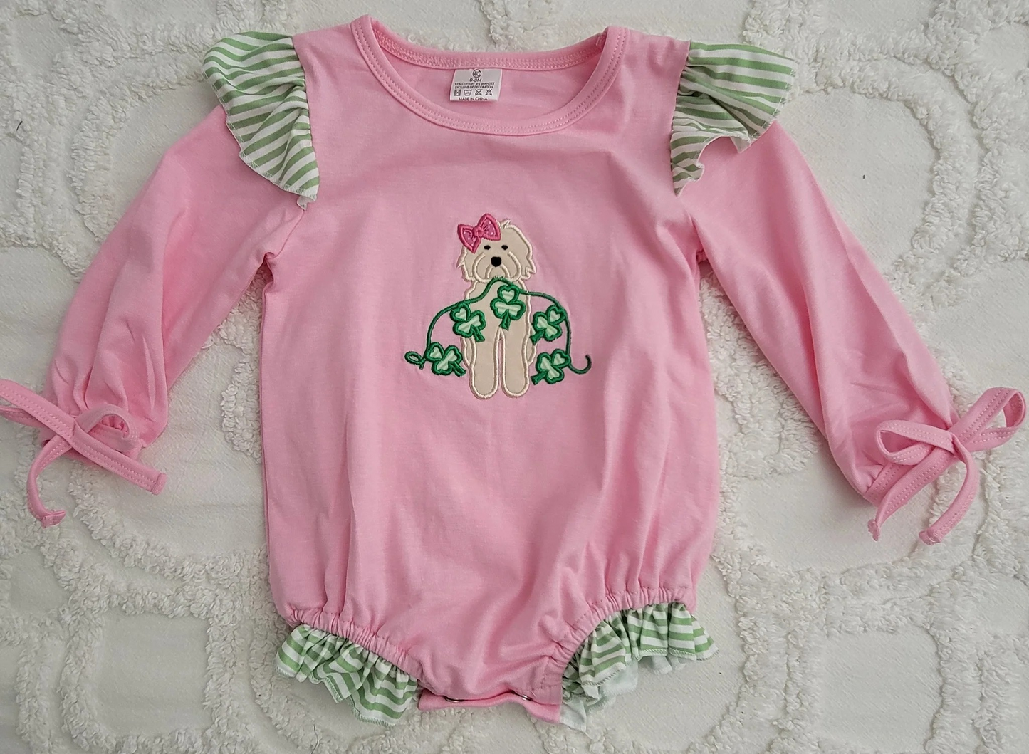 presale LR2137 Clover Puppy Green Stripe Lace Pink Long Sleeve Bodysuit  2024 10.29