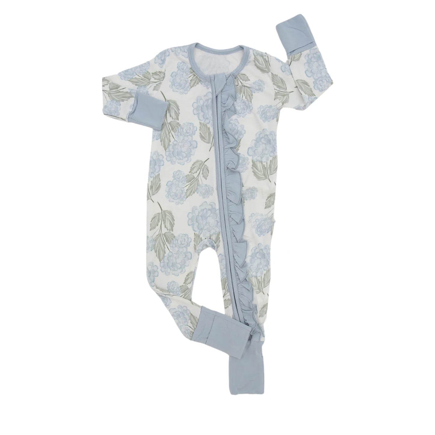 LR2157  Blue lace zip-up long-sleeved bodysuit with flowers and leaves