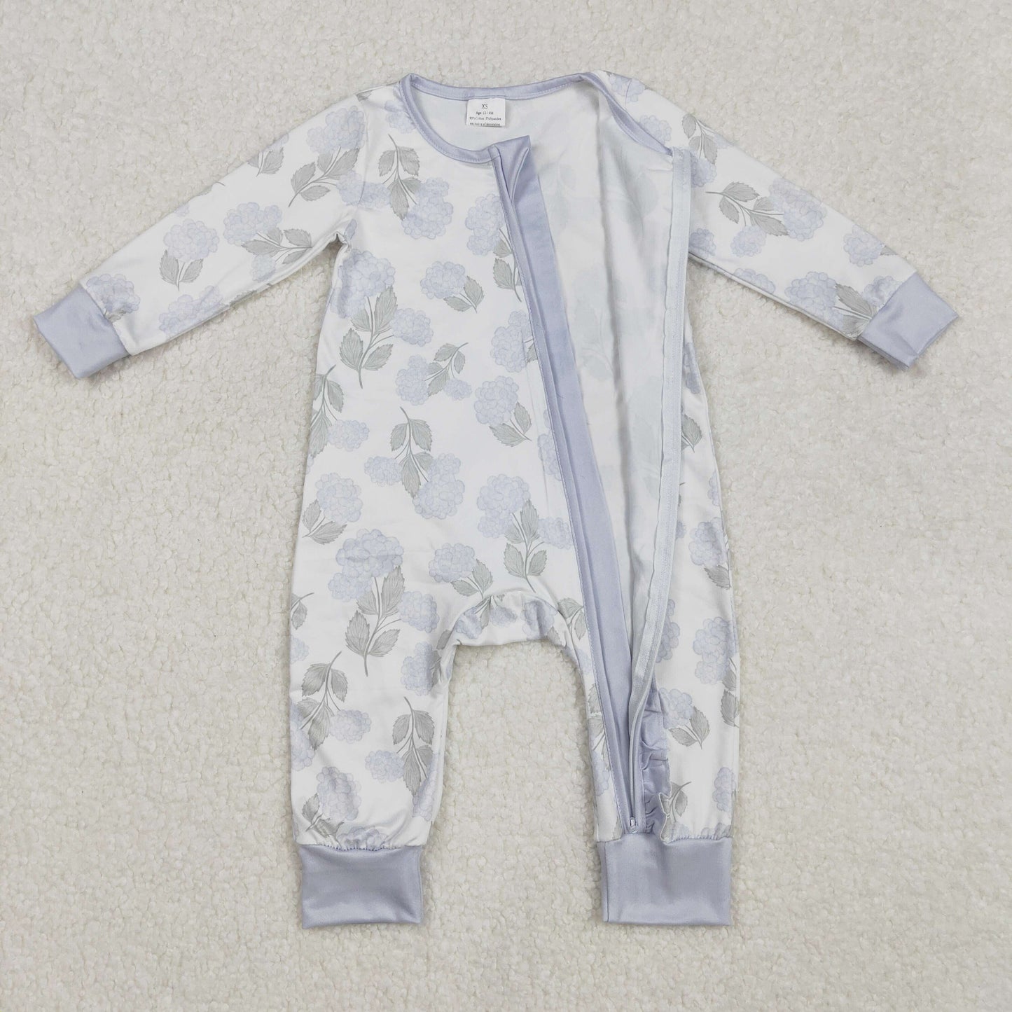 LR2157  Blue lace zip-up long-sleeved bodysuit with flowers and leaves