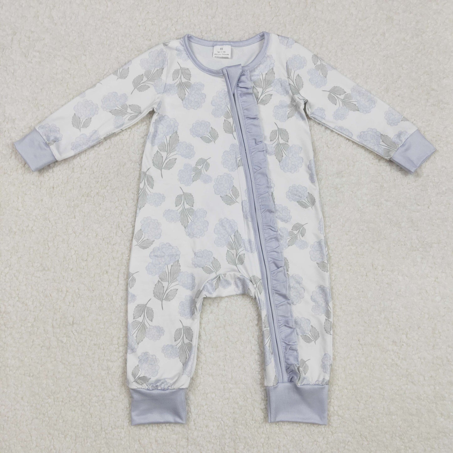 LR2157  Blue lace zip-up long-sleeved bodysuit with flowers and leaves