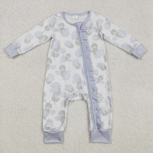 LR2157  Blue lace zip-up long-sleeved bodysuit with flowers and leaves