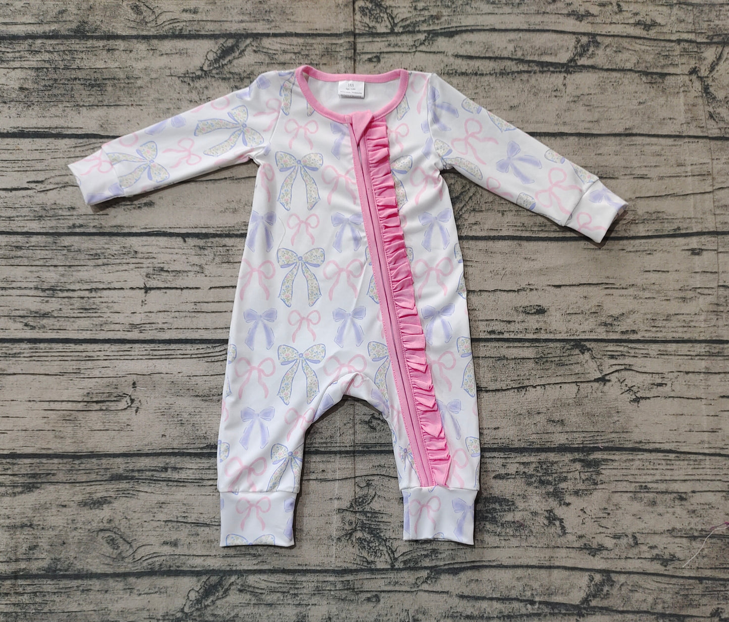 LR2158 Light blue bow pattern lace zip-up long-sleeved bodysuit