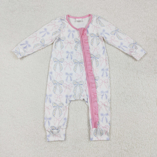 LR2158 Light blue bow pattern lace zip-up long-sleeved bodysuit