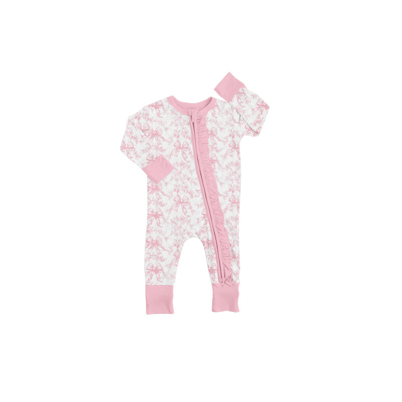 presale LR2171   Pink and white long-sleeved zip-up bodysuit with floral and bow pattern 2024 12.4