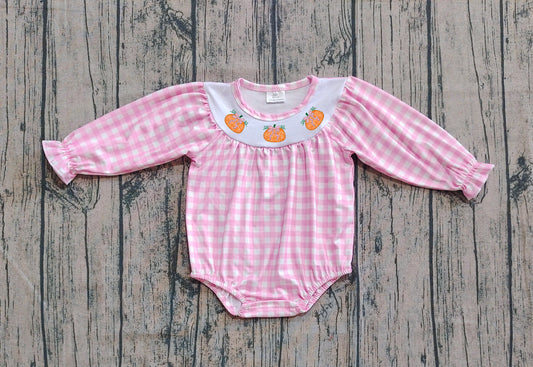 presale LR2181 Smocked Pumpkins Baby Infant Girls Pink Plaid Fall Rompers D 8.11