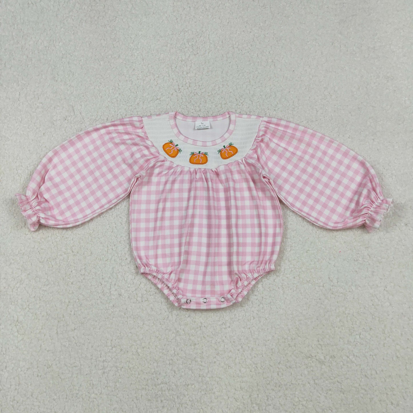 LR2181 Smocked Pumpkins Baby Infant Girls Pink Plaid Fall Rompers D 930