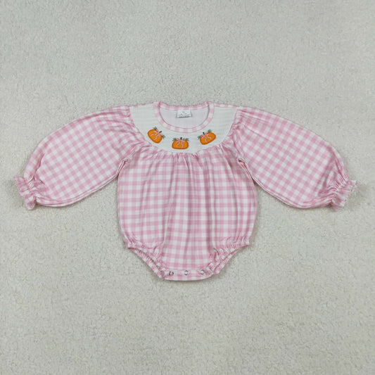 LR2181 Smocked Pumpkins Baby Infant Girls Pink Plaid Fall Rompers D 930