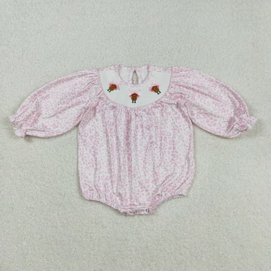 LR2184 Baby Infant Girls Pink Flowers Thanksgiving Turkey Smocked Rompers  D 901