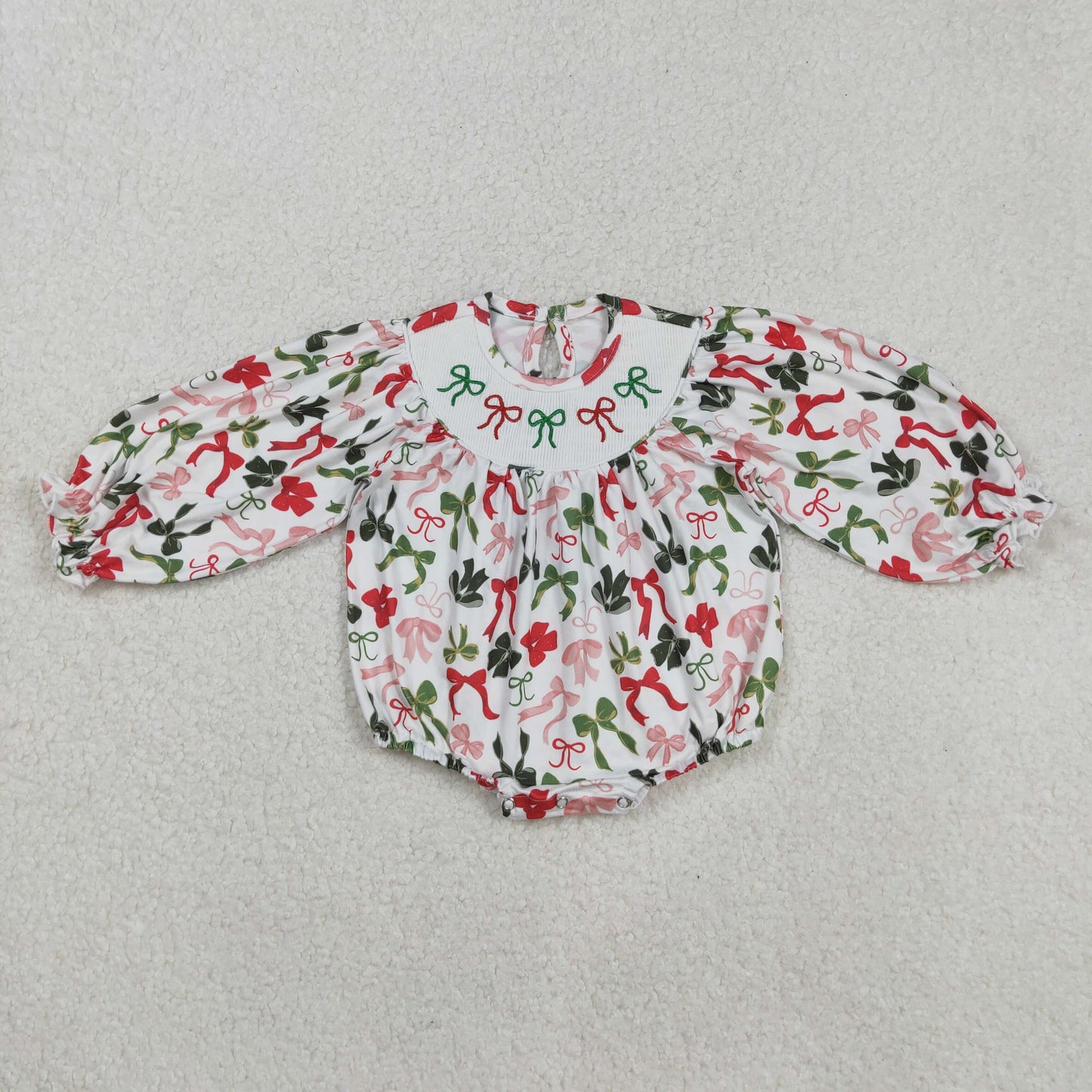 Smocked Embroidery Sibling Baby Girls Green Red Bows Christmas Knee Length Dresses  D 903