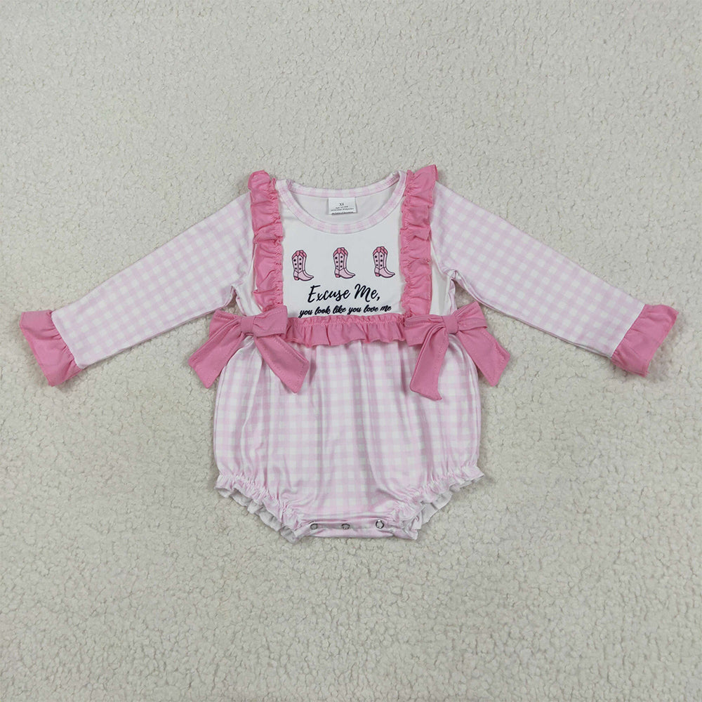 LR2190 Letter Boots Lace Bowknot Pink Plaid Long Sleeve Bodysuit D 5.22