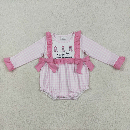 LR2190 Letter Boots Lace Bowknot Pink Plaid Long Sleeve Bodysuit D 5.22