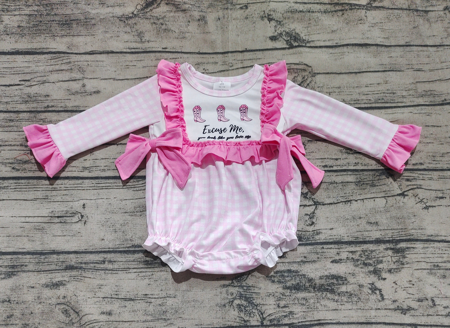 LR2190 Letter Boots Lace Bowknot Pink Plaid Long Sleeve Bodysuit D 5.22