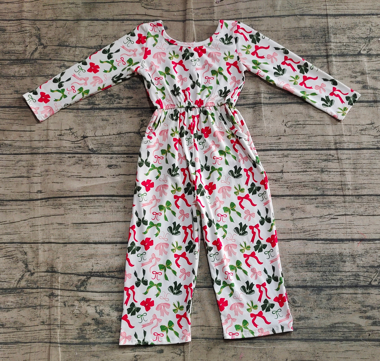 LR2192 Baby Girls Long Sleeves Colorful Bows Pockets Christmas Jumpsuits  D 6.25