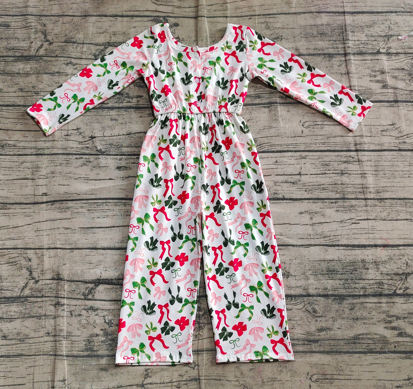 LR2192 Baby Girls Long Sleeves Colorful Bows Pockets Christmas Jumpsuits  D 6.25