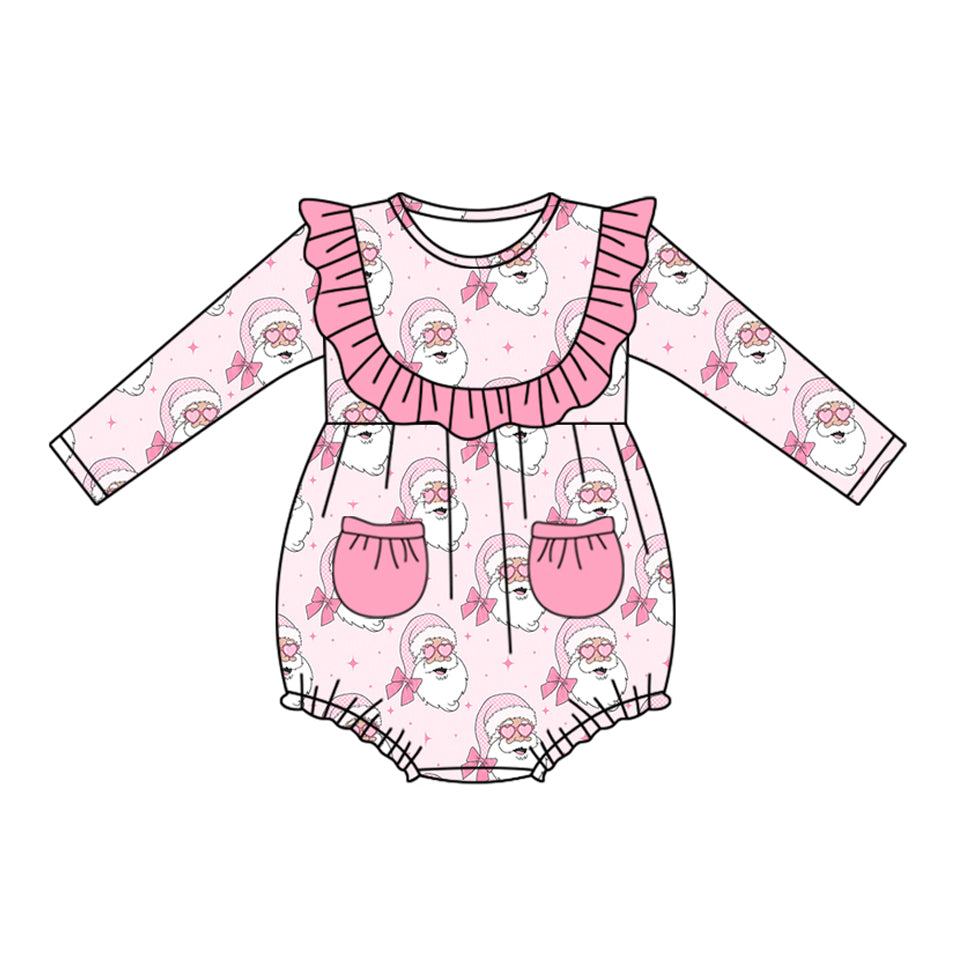 presale LR2195 Baby Infant Girls Long Sleeves Pink Santa Pockets Ruffle Rompers  D 5.9