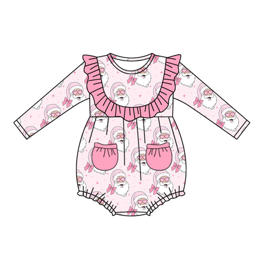 presale LR2195 Baby Infant Girls Long Sleeves Pink Santa Pockets Ruffle Rompers  D 5.9